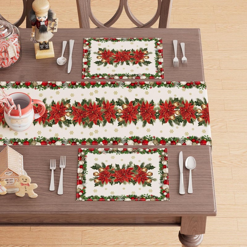 XCHI Christmas Poinsettias Leaves Bells Snowflakes Winter Xmas Placemats Set of 4 Table Mats for Party Home Kitchen Dining Table Decorations 12x18 Inch - Image 3